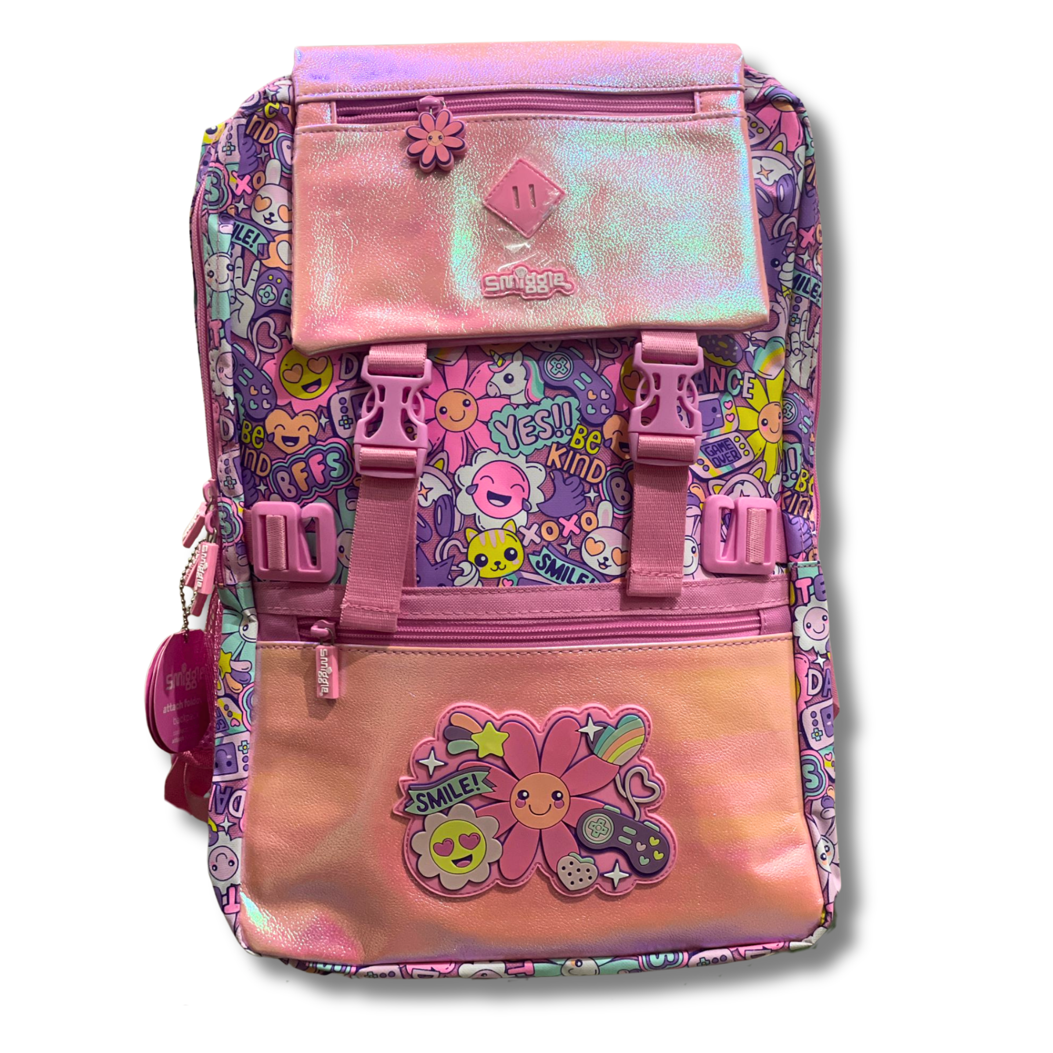 Smiggle Pink Smile & Fun Icons Glitter School Backpack (18 inch)