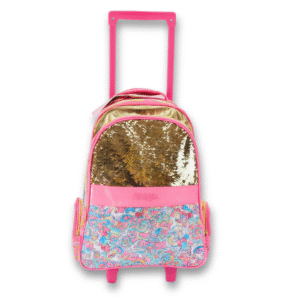 Original Smiggle Flashy Gold Sequin Trolley Bag – 20 Inch | Grade 1–5 School & Travel Rolling Backpack for Girls